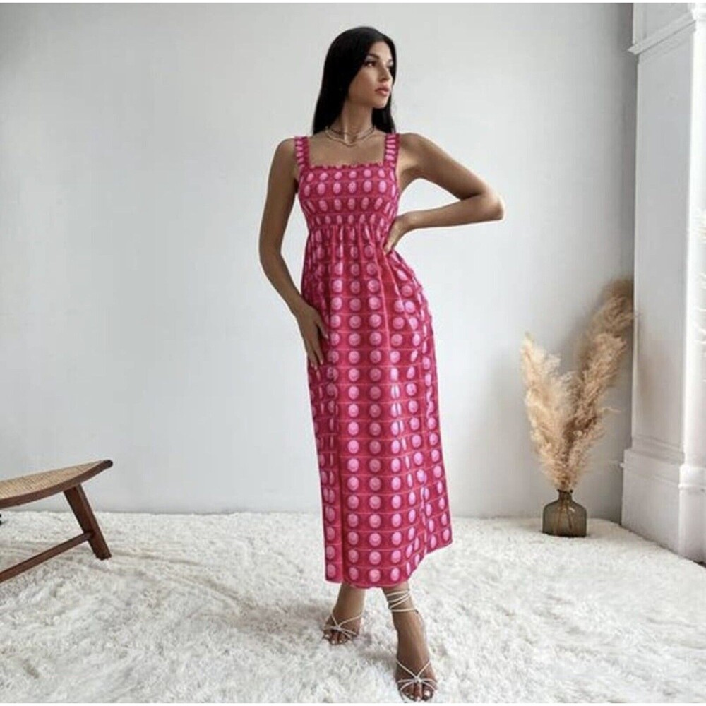 Zara Poplin Cotton Smocked Midi Fuchsia Pink Dress M